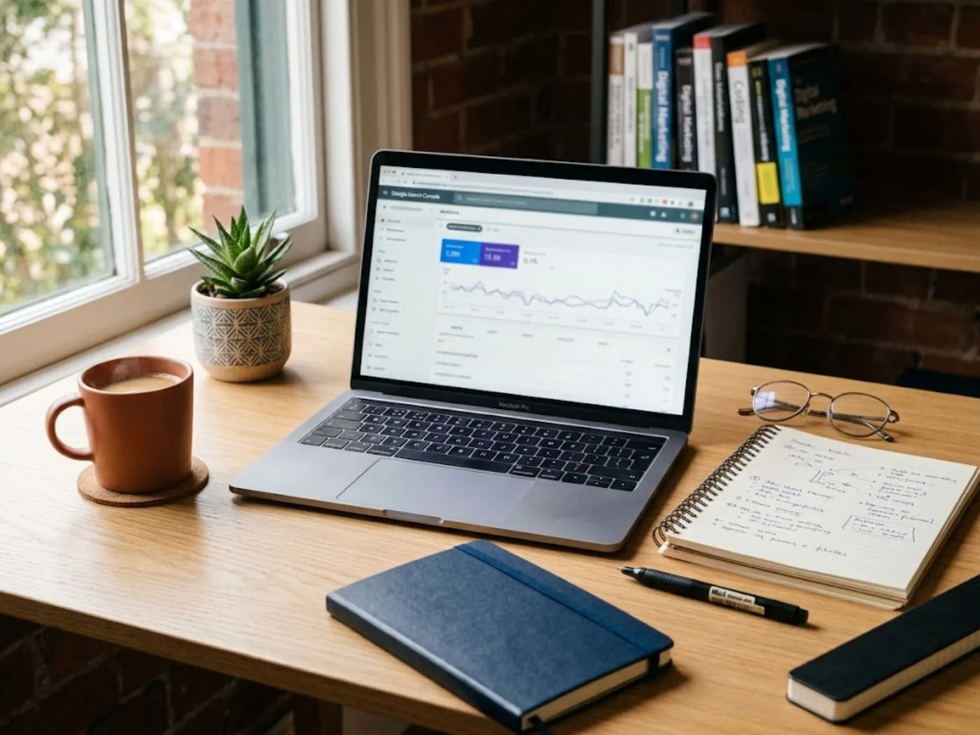 Desk with a laptop showing a Google Search Console report, a notebook, glasses and a cup of coffee